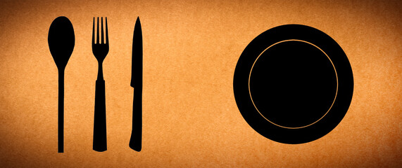 Topview of Set of Plate, Spoon, Fork and Knife Silhouette on White Background