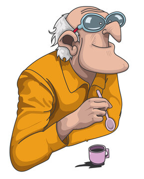 Vieux binoclard avec son caf&eacute;