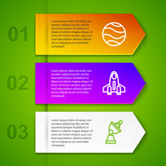 Set line Planet, Rocket ship and Satellite dish. Business infographic template. Vector