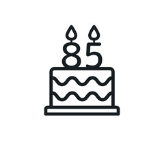 Birthday cake line icon with candle number 85 (eighty-five). Vector.