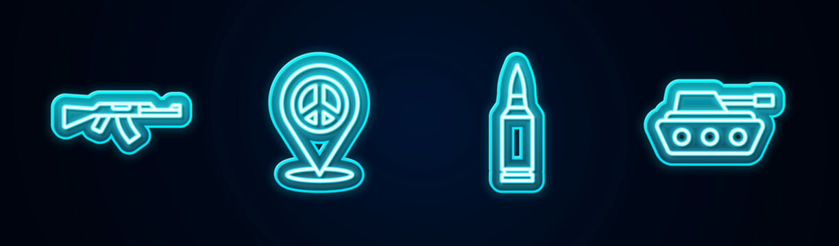 Set line Submachine gun, Location peace, Bullet and Military tank. Glowing neon icon. Vector