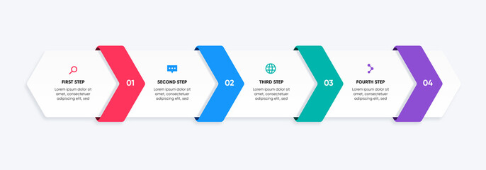 4 steps infographic hexagonal design with arrows. Infographic step-by-step design with shadow and icon.