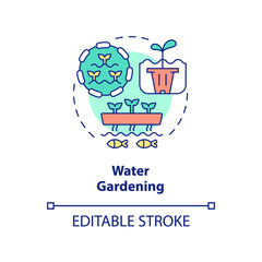 Water gardening concept icon. Aquatic garden. Aquaculture. Gardening type abstract idea thin line illustration. Isolated outline drawing. Editable stroke. Arial, Myriad Pro-Bold fonts used