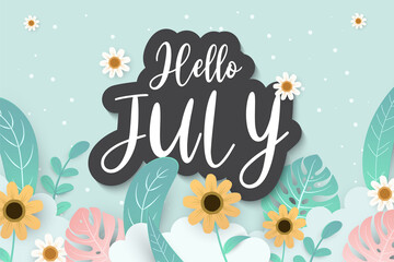 Fototapeta na wymiar Hello july greetings with soft background design
