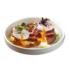 Isolated portion of brioche with eggs and bacon on white background
