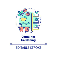 Container gardening concept icon. Indoor and outdoor planting. Gardening type abstract idea thin line illustration. Isolated outline drawing. Editable stroke. Arial, Myriad Pro-Bold fonts used