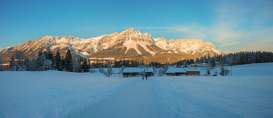 Fototapeta premium winter scenery Wilder Kaiser mountain mass, blue sky. tirolean landscape