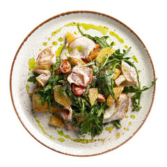 Isolated portion of gourmet smoked turkey salad on white background