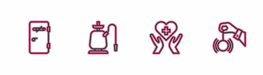 Set line No smoking area, Heart with cross, Hookah and Hypnosis icon. Vector
