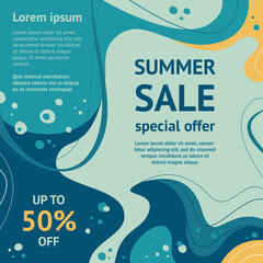 Abstract summer sale frame. Blue, turquoise abstract background. Template, banner, flyer for your design. Vector illustration in flat style.