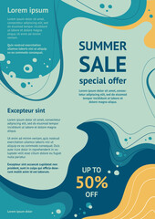 Abstract summer sale frame. Blue, turquoise abstract background. Template, banner, flyer for your design. Vector illustration in flat style.