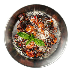 Isolated portion of wild rice risotto with seafood on white background