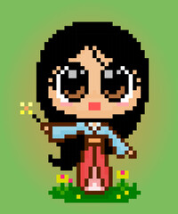 8 bit pixels women wear Hanfu dresses. Chinese girls holding firework in vector illustrations for game assets or cross stitch patterns.