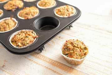 Healthy vegetable muffins freshly baked in a baking tray, finger food for a party and suitable for a vegetarian low carb diet, selected focus