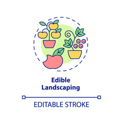 Edible landscaping concept icon. Include food plants. Gardening method abstract idea thin line illustration. Isolated outline drawing. Editable stroke. Arial, Myriad Pro-Bold fonts used