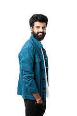 Fototapeta premium Young indian man wear jacket and giving expression over white background.