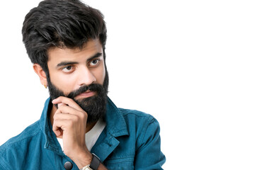 Young indian man giving expression over white background.