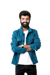 Young indian man wear jacket and giving expression over white background.