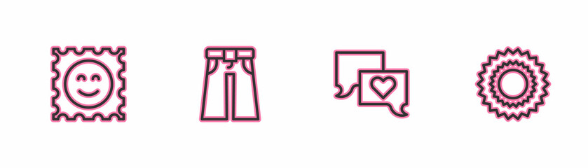 Set line LSD acid mark, Speech bubble chat, Jeans wide and Sun icon. Vector