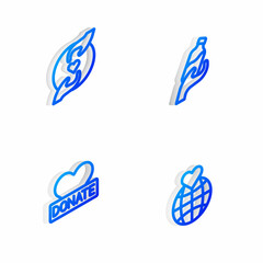 Set Isometric line Donation water, Pleasant relationship, and charity and Hand holding Earth globe icon. Vector