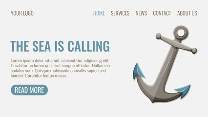 Anchor with text the sea is calling, web template, vector illustration in nautical marine style. For banner, website interface, advertising, landing page. Concept of rest at the beach, cruise, ocean
