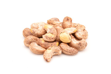 Pile of roasted cashew nut isolated on white background. Food concept