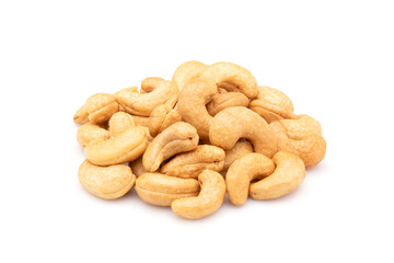 Pile of roasted cashew nut isolated on white background. Food concept