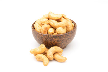 Pile of roasted cashew nut isolated on white background. Food concept