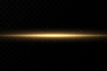 Gold horizontal lens flares pack. Laser beams, horizontal light rays. Glow transparent vector light effect set, explosion, shine, spark, solar flare.