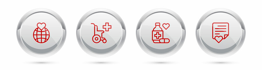 Obraz premium Set line Hand holding Earth globe, Wheelchair for disabled person, Medicine bottle pills and Envelope with heart. Silver circle button. Vector