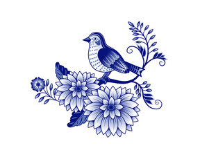 Bird sitting on a flowering branch. Blue and white abstract drawing.  Design element on a white background. Chinese style decoration. Floral vector template.