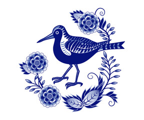 Bird and flowers. Blue and white abstract drawing.  Design element on a white background. Chinese style decoration. Floral vector template.