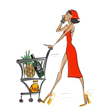 funny illustration of a young slender beautiful girl in a red dress who quickly carries fruit and wine purchases from the market in a basket and talks on the phone. Illustration for design and visual 
