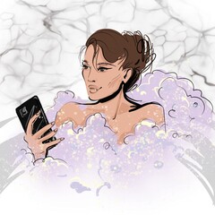 illustration of a young beautiful girl taking a foam bath with a phone in her hand. Illustration for visual 