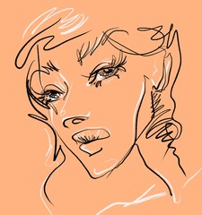 illustration stylish linear drawing sketch face of a beautiful girl for packaging and decoration on a beige orange background. Illustration for design 