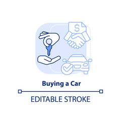 Buying car light blue concept icon. Life skill abstract idea thin line illustration. Purchasing vehicle. Car dealership. Isolated outline drawing. Editable stroke. Arial, Myriad Pro-Bold fonts used