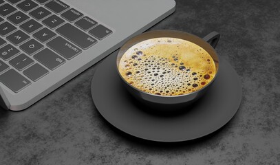 3d render gray color cup coffee on metal texture with a laptop business concept wallpaper backgrounds