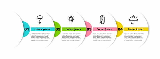 Set line Mushroom, Wheat, Thermometer and Umbrella. Business infographic template. Vector