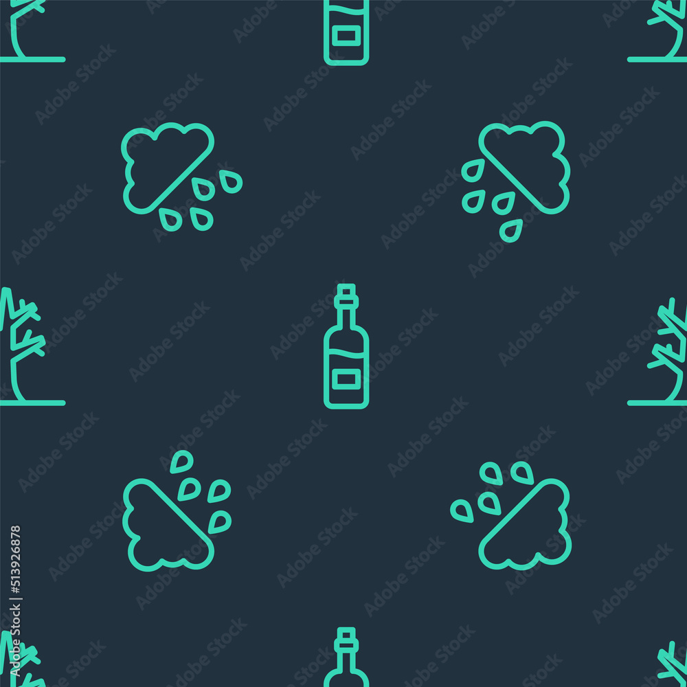 Poster set line bottle of wine, cloud with rain and bare tree on seamless pattern. vector