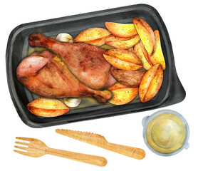 Chicken thighs with fried potatoes. Food delivery