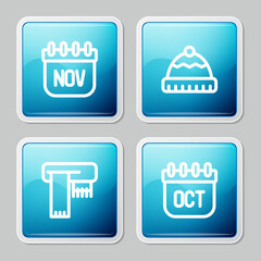 Set line November calendar autumn, Winter hat, scarf and October icon. Vector