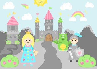 Obraz na płótnie Canvas Princess fairy tale vector illustration. Castle background with prince, dragon, and princess.