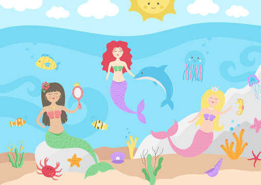 Under the sea vector illustration. Cute mermaid background with marine animals and plants. 