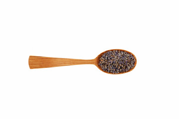 Lavender bud dry flowers in wooden spoon on white background.  Design element. Purple herbal tea with natural dried lavender flowers