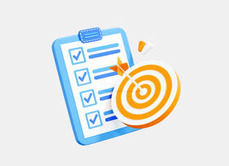 3D Project task management and hitting the target. Business marketing time. SEO optimisation. Clipboard with strategy plan. Cartoon creative design icon isolated on white background. 3D Rendering