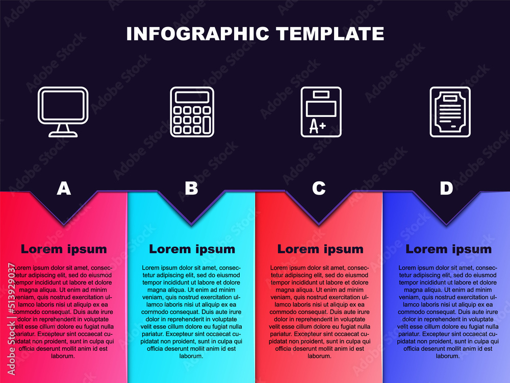 Poster set line computer monitor, calculator, exam sheet with a plus grade and certificate template. busine
