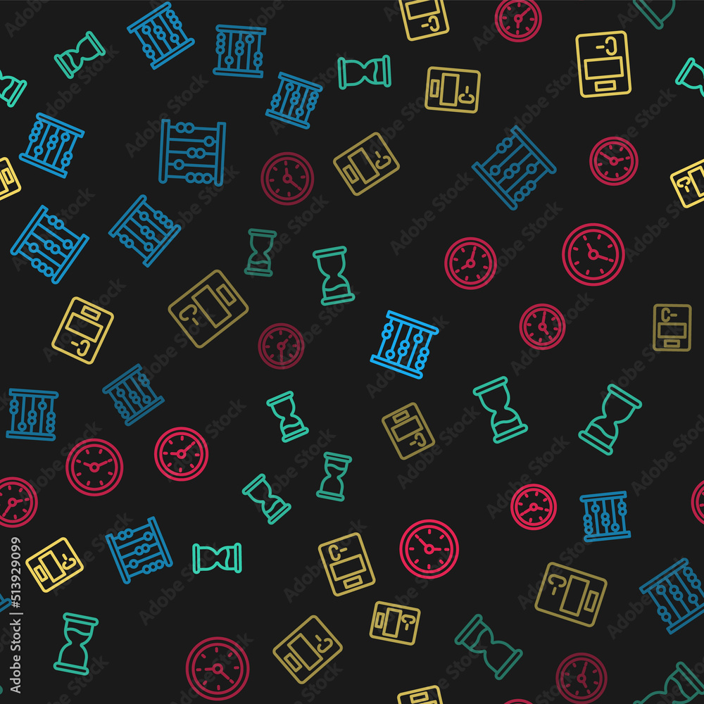 Poster set line abacus, old hourglass, exam paper with incorrect answers and clock on seamless pattern. vec