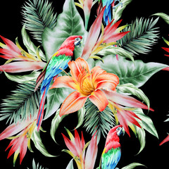 Bright  tropical seamless pattern with parrots and flowers. Palm. Lily. Watercolor illustration. Hand drawn.