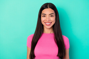 Fototapeta premium Photo of lovely sweet young female visit stomatologist do professional teeth whitening isolated on turquoise color background