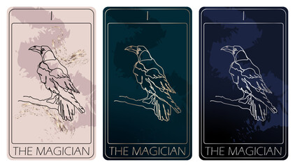 The Magician. A card of Major arcana one line drawing tarot cards. Tarot deck. Vector linear hand drawn illustration with occult, mystical and esoteric symbols. 3 colors. Proposional to 2,75x4,75 in.